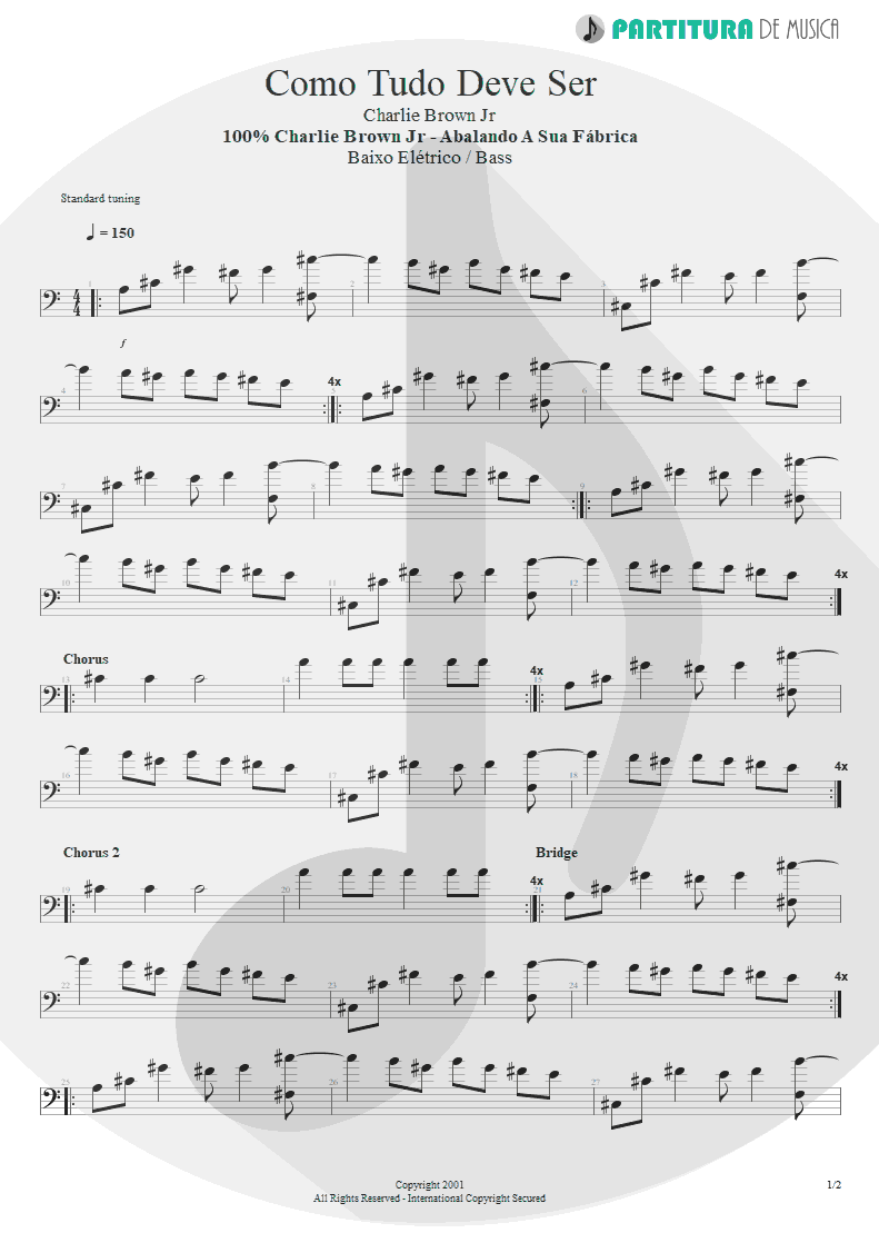 Partitura de musica de Baixo Elétrico - Como Tudo Deve Ser | Charlie Brown Jr. | 100% Charlie Brown Jr. - Abalando a Sua Fábrica 2001 - pag 1